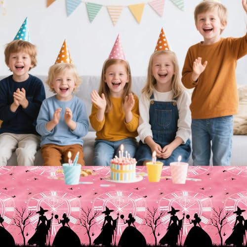 Pink and Green Witch Themed Disposable Tablecloth 54 x 108 Inches - Pack of 4