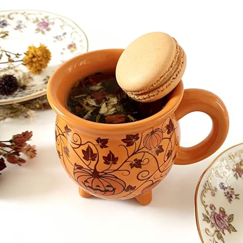 Ceramic Cauldron Mug 12 oz - Witchy Pumpkin Orange Coffee Tea Cup, Magical Gift