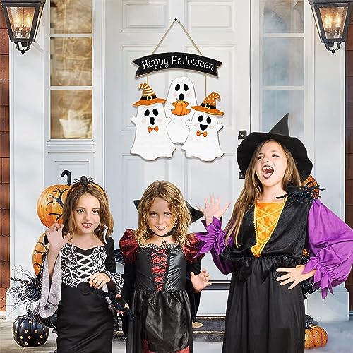 Halloween Ghost Door Sign Set - Three Wooden Ghosts Halloween Decorations for Front Door Wreath Indoor Outdoor - 14.5x12.6in