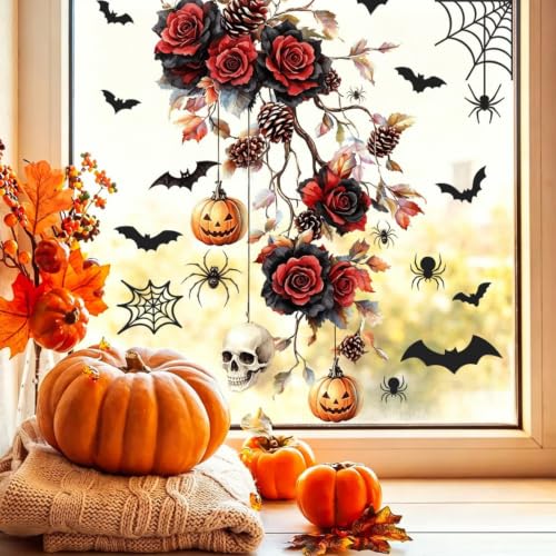 Halloween Red Rose Window Clings - Pumpkin Skull Stickers for Windows - Variation: Halloween Flower5