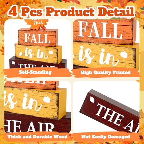 Fall Wooden Decor Set - Rustic Autumn Table Decorations for Home, Includes 'Fall is in The Air' Sign - 4 Pieces