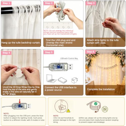 Ivory Tulle Backdrop Curtain with String Lights 10ft x 10ft Wedding & Party Decor — Chesjin