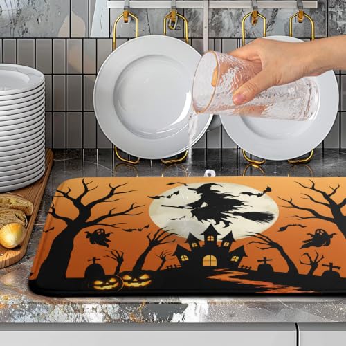 Halloween Witch & Castle Dish Drying Mat 18x24 Inch - Fall Kitchen Decor, Absorbent Microfiber Counter Protector
