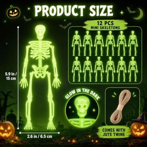 Glow in The Dark Mini Skeleton Decorations Set - 12 Pack, 6 Inch Halloween Hanging Figures with Twine