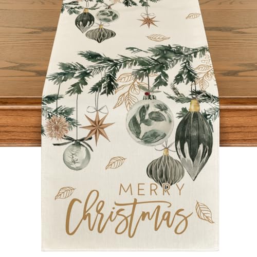 Xmas Balls Leaves Table Runner 13x36 Inch Home Party Decor Beige