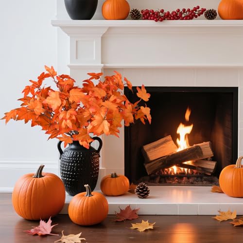 Artificial Maple Leaves Branches - 8PCS 14 Inch Faux Fall Leaves Stem in Orange for Fall Decor & Thanksgiving Centerpieces