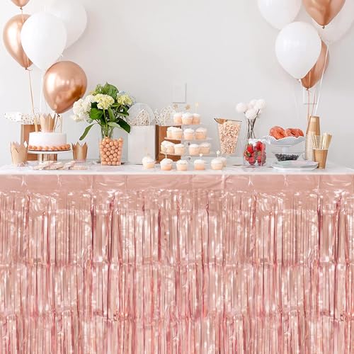 2 Pack Rose Gold Foil Fringe Table Skirts for Party Decorations - 29.5x108 Inch