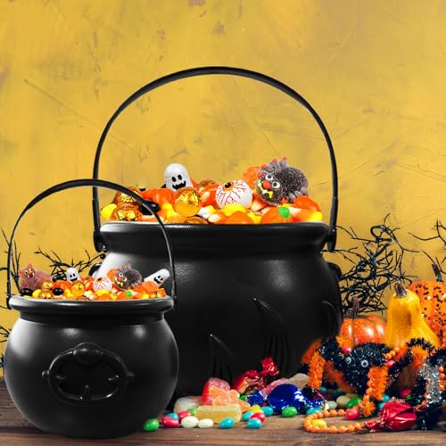 Halloween Plastic Cauldron Set - 3 Large Black Witch Kettles for Candy & Decorations