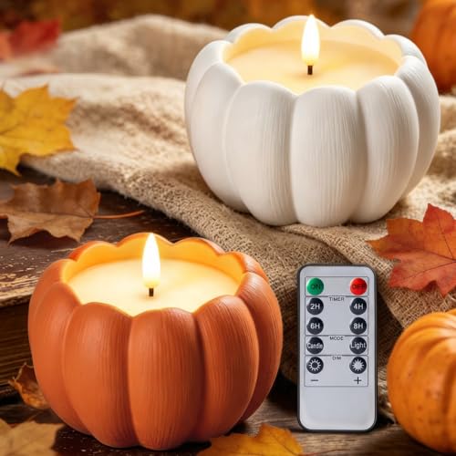 Flameless Pumpkin Candles Set - Terracotta & Plaster White, Fall Decor, LED Safe Candle Set