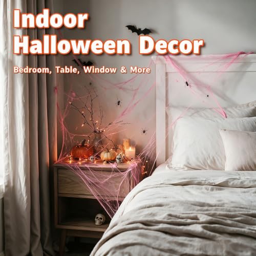Small Pink Halloween Spider Web Decoration Kit with 12 Fake Spiders - Stretch Cobwebs Indoor Use