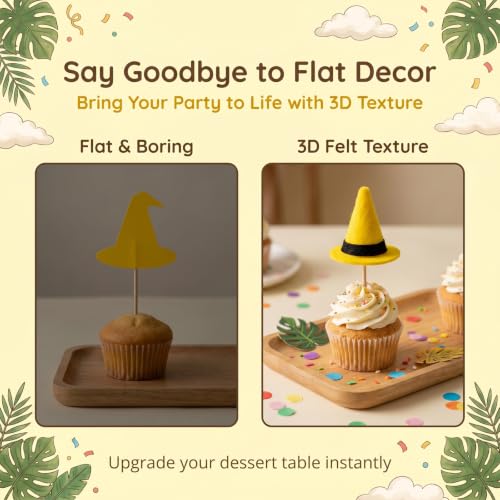 24 Yellow Felt Top Hat Cupcake Toppers - Party & Celebration Decorations