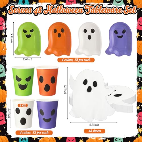 144-Piece Halloween Ghost Paper Plate Cup Napkin Set - Classic Variation