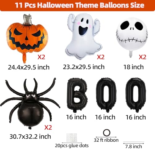 Halloween Balloon Decoration Kit with Ghost, Pumpkin, Skull & Spider Foil Balloons - 11 Pcs