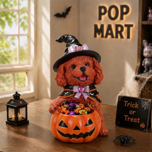 Brown Poodle Dog Statue - Hand-Painted Lifesize Sculpture with Festive Witch Cape