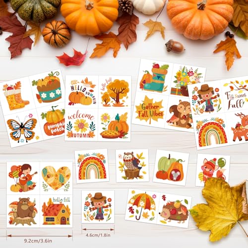 Kids Fall Temporary Tattoos Set - 96 Leaves, Animals, Pumpkins & Harvest Designs