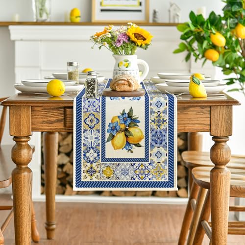 Summer Table Runner 13x72 Inch Blue & White Porcelain Floral Decor for Dining Table
