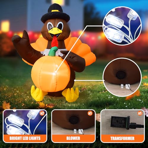 4FT Thanksgiving Turkey Inflatable - Outdoor Yard Holiday Decoration with LED Lights