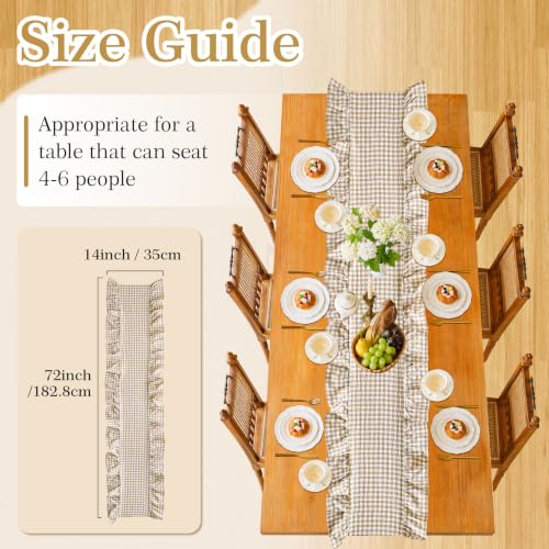 Brown and White Gingham Ruffled Table Runner 14x72 Inch Farmhouse Decor