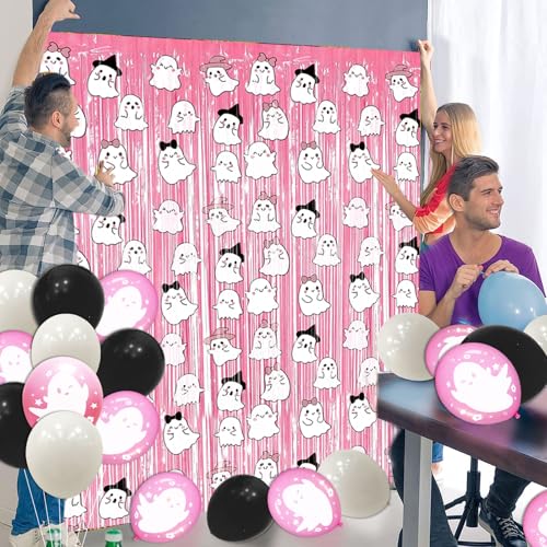 Pink Halloween Fringe Curtain 2 Pack - Bat Pattern Photo Backdrop 3.3 x 6.6 ft - Pink2