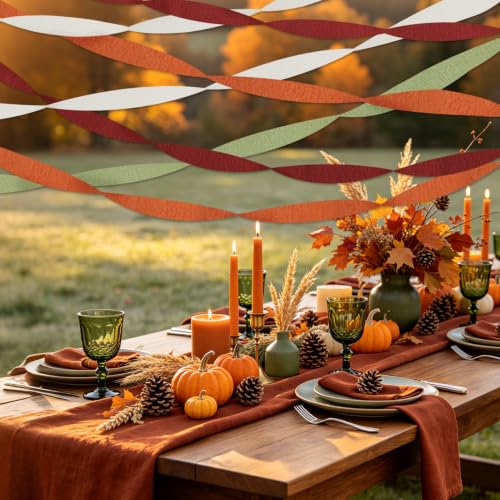 Fall Sage Rust Party Decorations - 8 Crepe Paper Streamers for Autumn Celebrations