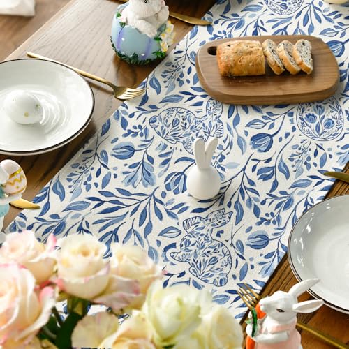 Easter Bunny Rabbit Table Runner 13x72 Inch Seasonal Spring Kitchen Decor - Beige