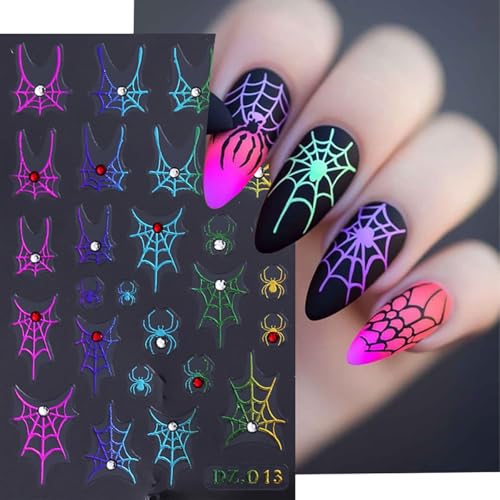 Halloween Spider Web Nail Stickers Set - 4 Sheets Self-Adhesive 3D Decals with Rhinestones - Spider Web Design for Nails - Variation 1