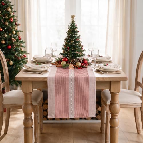 Red Braided Striped Rustic Chenille Table Runner 13x36 Inch Christmas Decor