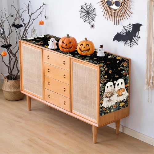 Halloween Ghost Table Runner - 13x90 Inches Fall Decor with Pumpkins & Ghosts, Variation of Two Cute Ghosts