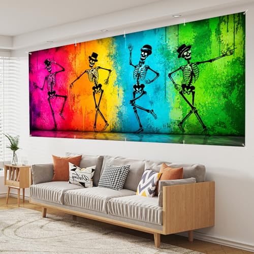 Halloween Garage Door Banner Cover - 7x16 FT Colorful Skeletons & Rainbow Backdrop, Variation 242