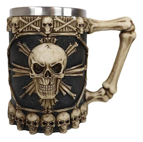 Skeleton Skull Beer Stein Mug 20oz - Pirate Cross Bones Drinkware with Bony Handle