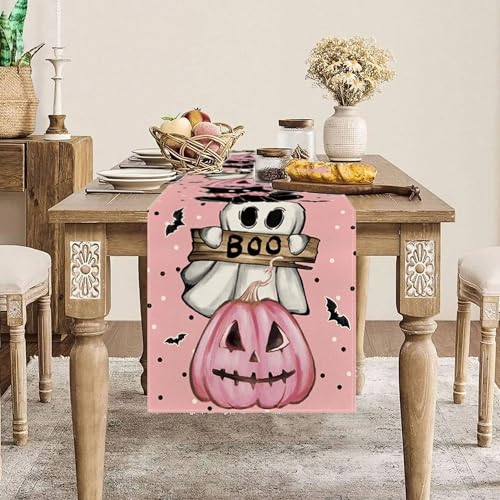 Pink Halloween Table Runner 13x72 Inch Linen Spooky Decor for Dining & Parties