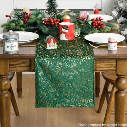 Dark Green Dutch Fleece Table Runner with Glitter Metallic Foil 13x48 Inch – Holiday Kitchen Decor