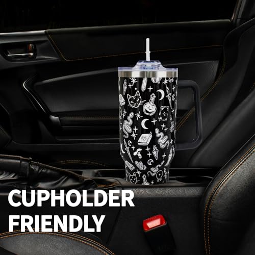 40oz Gothic Travel Tumbler with Handle & Straw - Halloween Gift, Black & Goth Variation