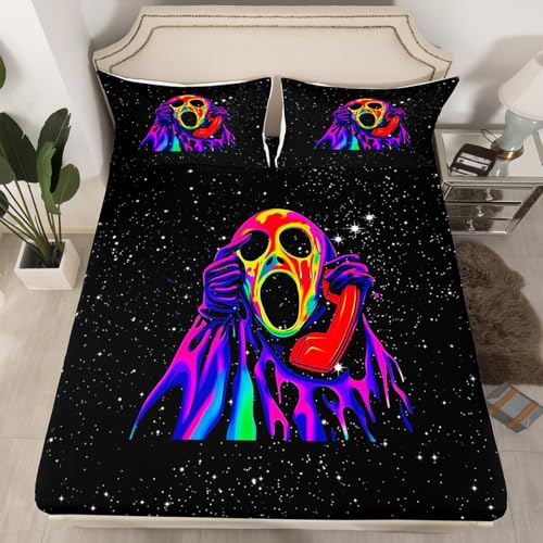 Feelyou Blacklight Horror Skull Bed Cover Set Full Halloween Glowing Bedding with Pillowcases - Horror Face Decor