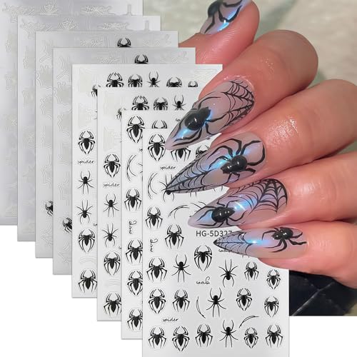 Cute Halloween Spider Nail Art Stickers 8 Sheets Self-Adhesive Black & White Spider Web Decals for Manicure DIY