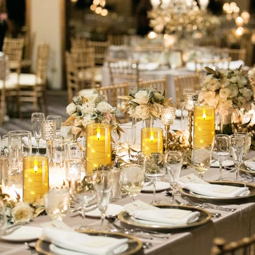 Flickering Flameless Candles with Star String Lights - 3 Pack Gold 4-5-6 Inch