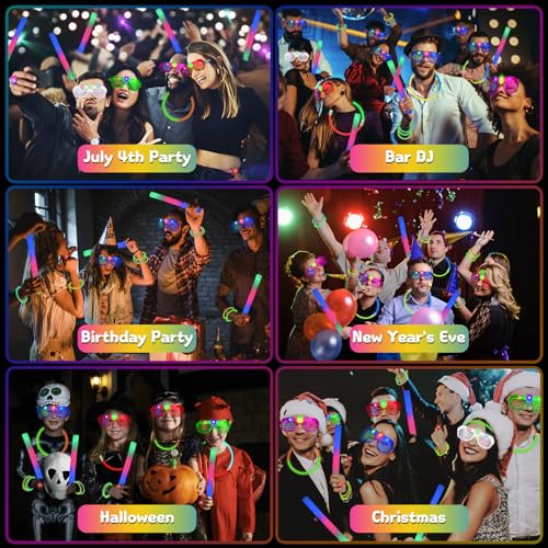 Glow in the Dark Party Supplies Set - 278 Pieces Neon Glow Stick Pack with LED Glasses & Finger Lights - Perfect for Weddings, Camping, and Celebrations