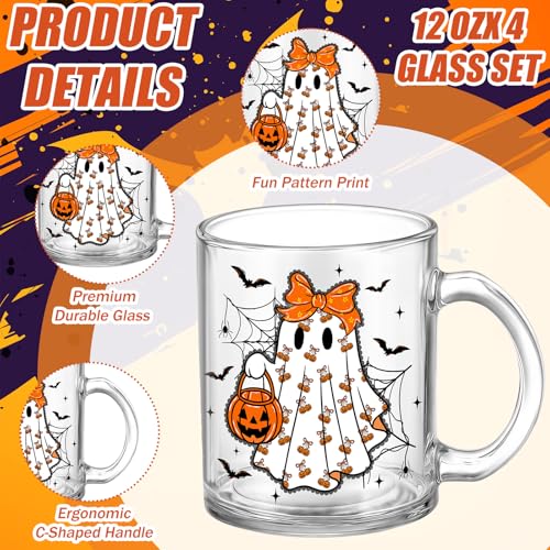 Halloween Ghost & Pumpkin Coffee Mug Set - 4 Pieces, 12 oz, Glass Cups, Fall Decor