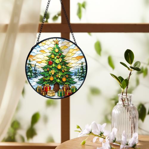 Winter Pine Tree Suncatchers Stained Glass Window Hanging Christmas Tree-3