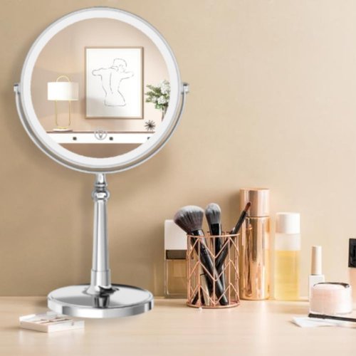 9" Large Make up Vanity Mirror with Lights Chrome Two Way Mirror 1x/10x Magnifying Mirrors with Light and Stand 4000mAh Rechargeable Led Makeup Mirrors for Desk Dresser Table