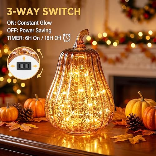 Mercury Glass Pumpkin Lights with Timer - Fall Home Decor - Coffee