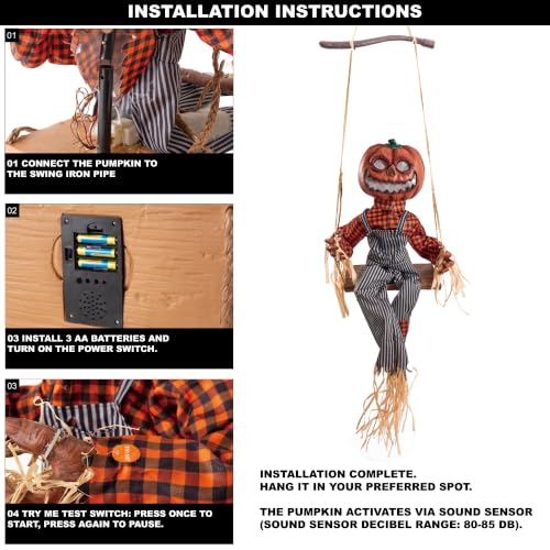 Halloween Animatronics Swinging Pumpkin with Motion Sensor Light Up Eyes - Creepy Sound & Scary Movement - Hanging Decor - Variation: Swinging Jack