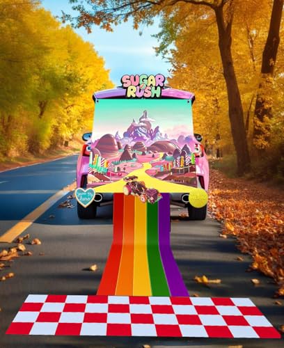 Halloween Car Trunk Decorations Set with Banner and Stickers - Candy Land Theme, Rainbow Road, Red White Cover, Girl's Party Supplies