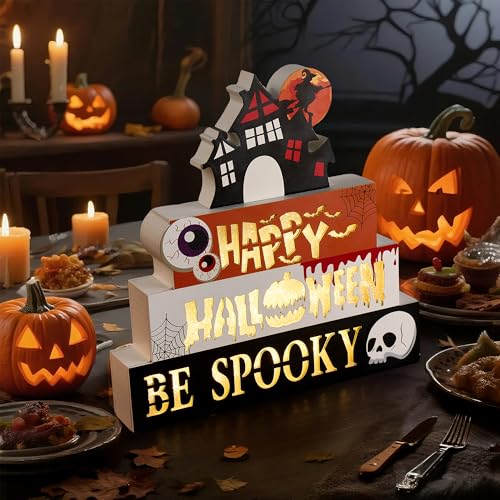 Halloween Indoor 9.4" 4-Tier Wooden Block Set with Glowing 3D Letters & Witch's House Topper — Spooky Decor