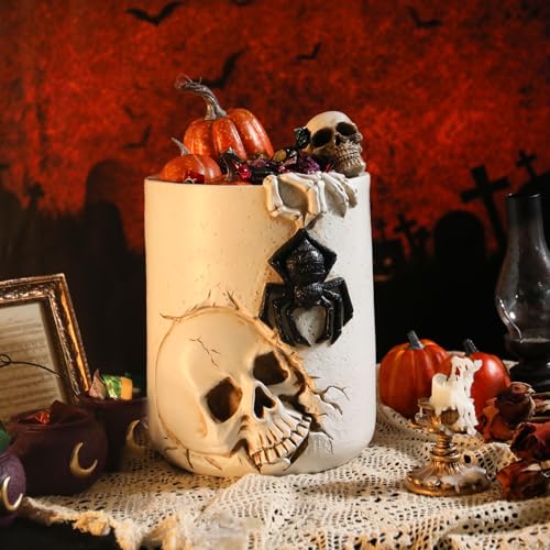 Halloween Large White Witch Cauldron Bucket 11.72" Candy Pot with Skull & Spider Design