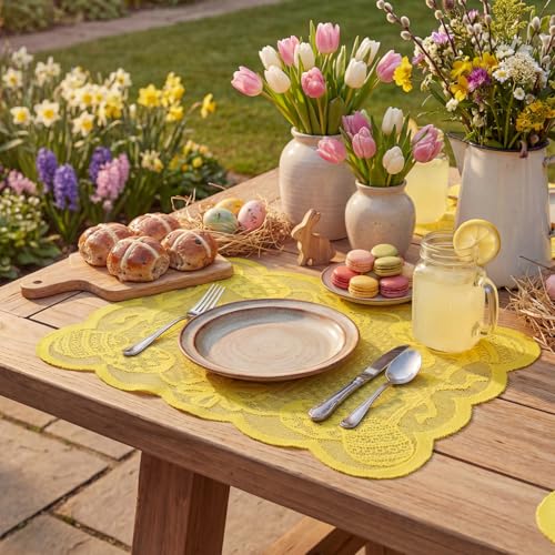 Yellow Egg Lace Easter Placemats Set of 4 - 12x18 Inch Rectangular Table Decor