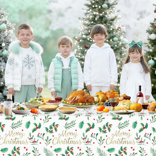 Christmas Disposable Rectangular Tablecloths 3 Pack - Holly Leaves & Red Berries, 54x108 Inch - Holiday Party Decorations