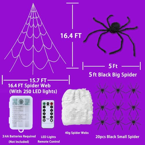 Halloween Spider Web Lights with 250 LEDs & Remote Control - Waterproof Cobweb Decor for Yard Garden Indoor Outdoor