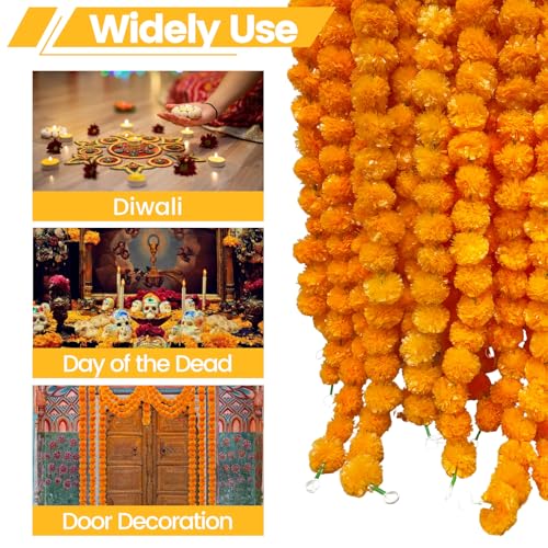 Orange Marigold Garland Set - 10 Pieces, 5 Feet Artificial Indian Decoration