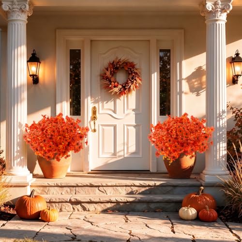 Artificial Fall Flowers for Outdoors - Faux Mums, UV Resistant, 12 Bundles - Orange